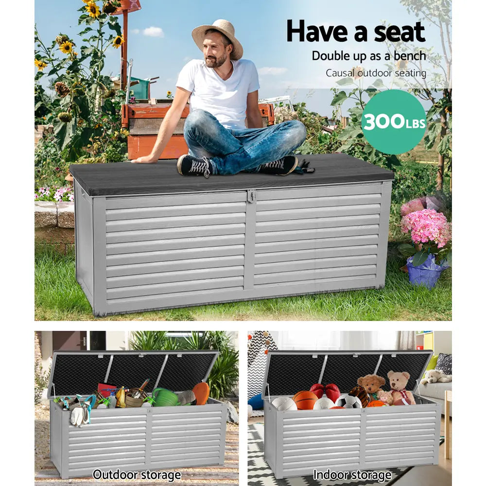Open outdoor storage bench showing 390L interior capacity filled with garden tools, sports equipment and outdoor cushions