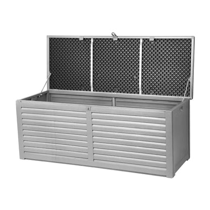 Large 390 litre outdoor storage box in grey and black with lockable lid and bench seat feature