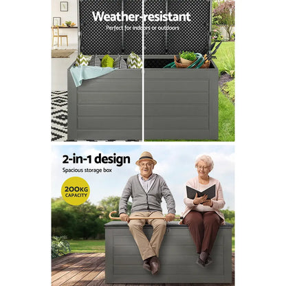 Two adults sitting on outdoor storage bench box