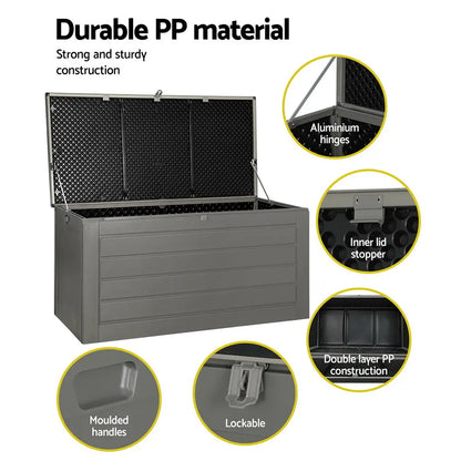 Weather resistant outdoor storage box with lockable lid and handles