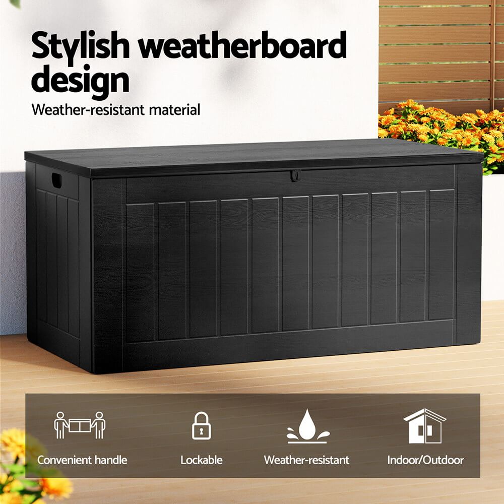 Gardeon 830L Outdoor Storage Box – Lockable Weatherproof Bench for Backyard, Shed or Garage (All Black)