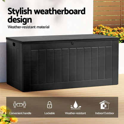Gardeon 830L Outdoor Storage Box – Lockable Weatherproof Bench for Backyard, Shed or Garage (All Black)
