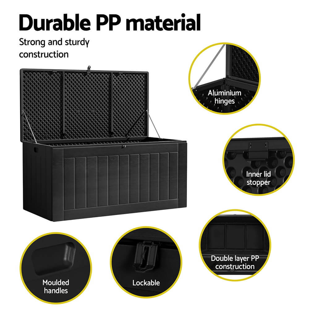 Gardeon 830L Outdoor Storage Box – Lockable Weatherproof Bench for Backyard, Shed or Garage (All Black)
