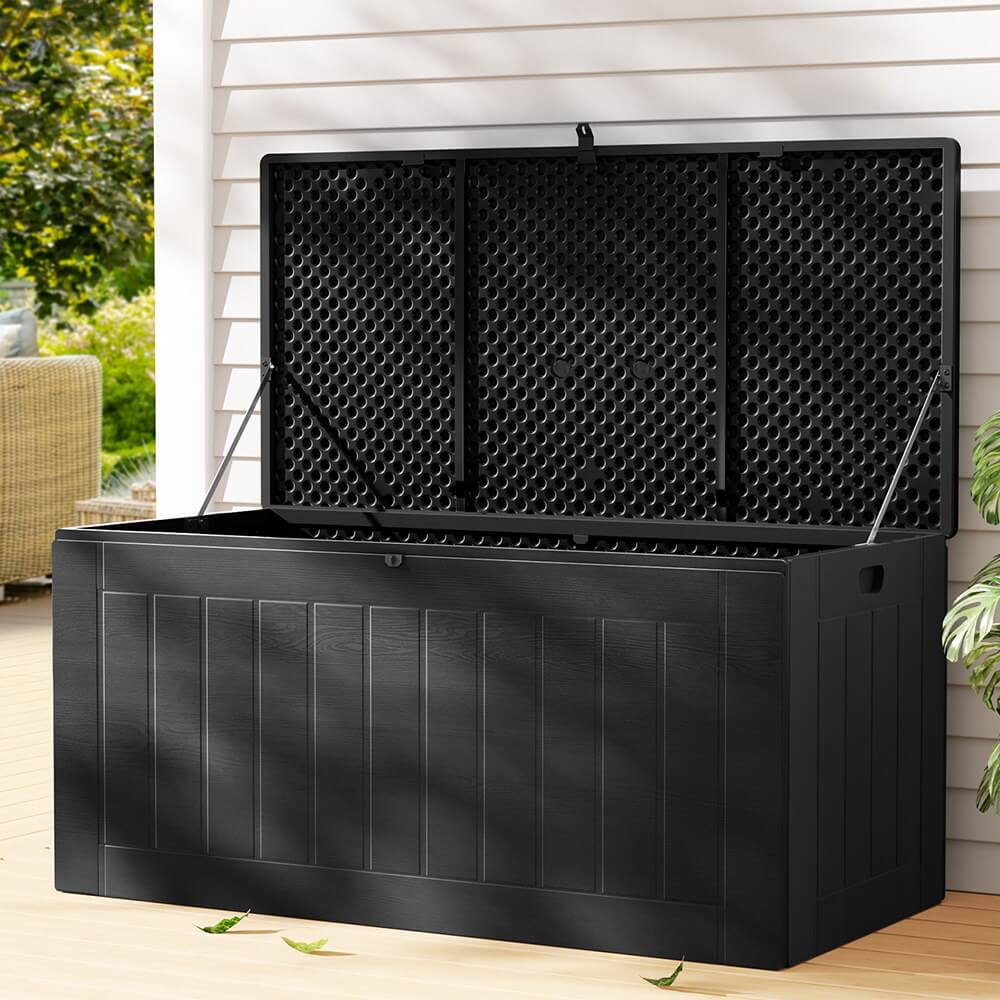 Gardeon 830L Outdoor Storage Box – Lockable Weatherproof Bench for Backyard, Shed or Garage (All Black)