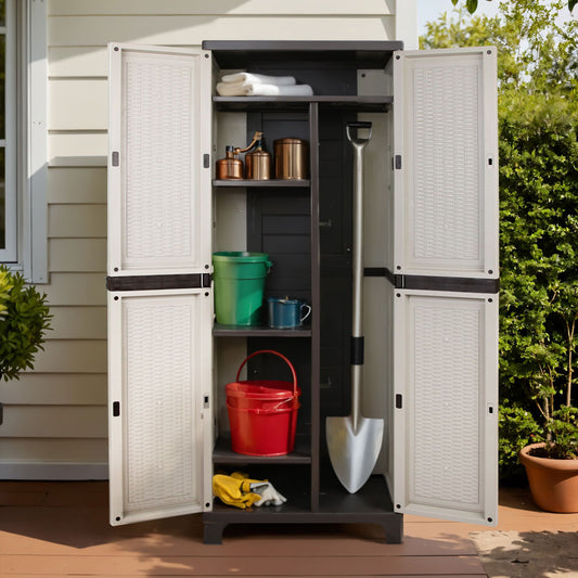 Tall Outdoor Storage Cabinet 173cm – Lockable Weatherproof Garden Shed with Adjustable Shelves – Rattan Look Beige