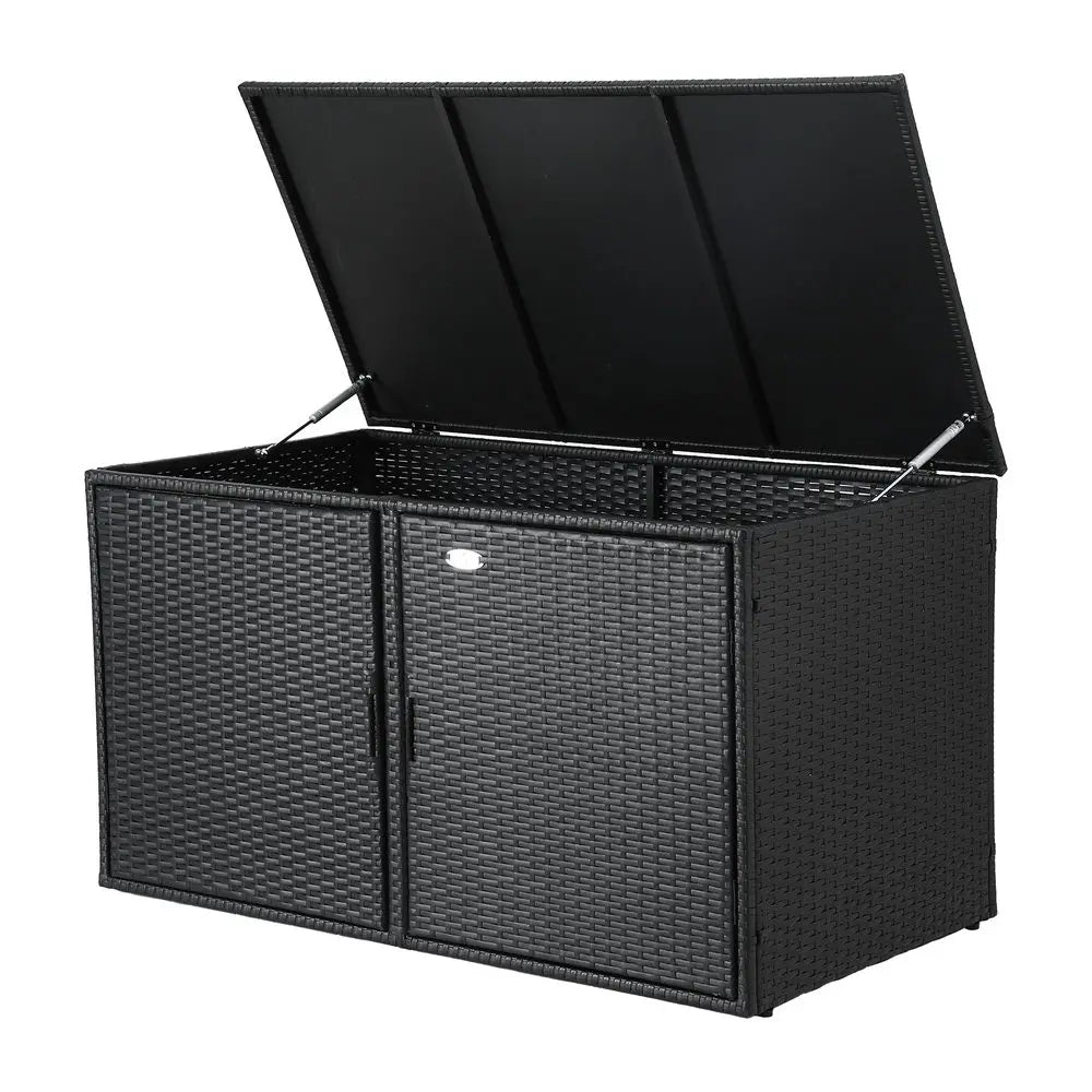 Hydraulic hinges and safety features on large outdoor storage box