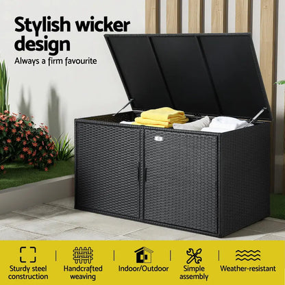 Outdoor storage cabinet open showing two-layer storage compartments for garden tools and equipment