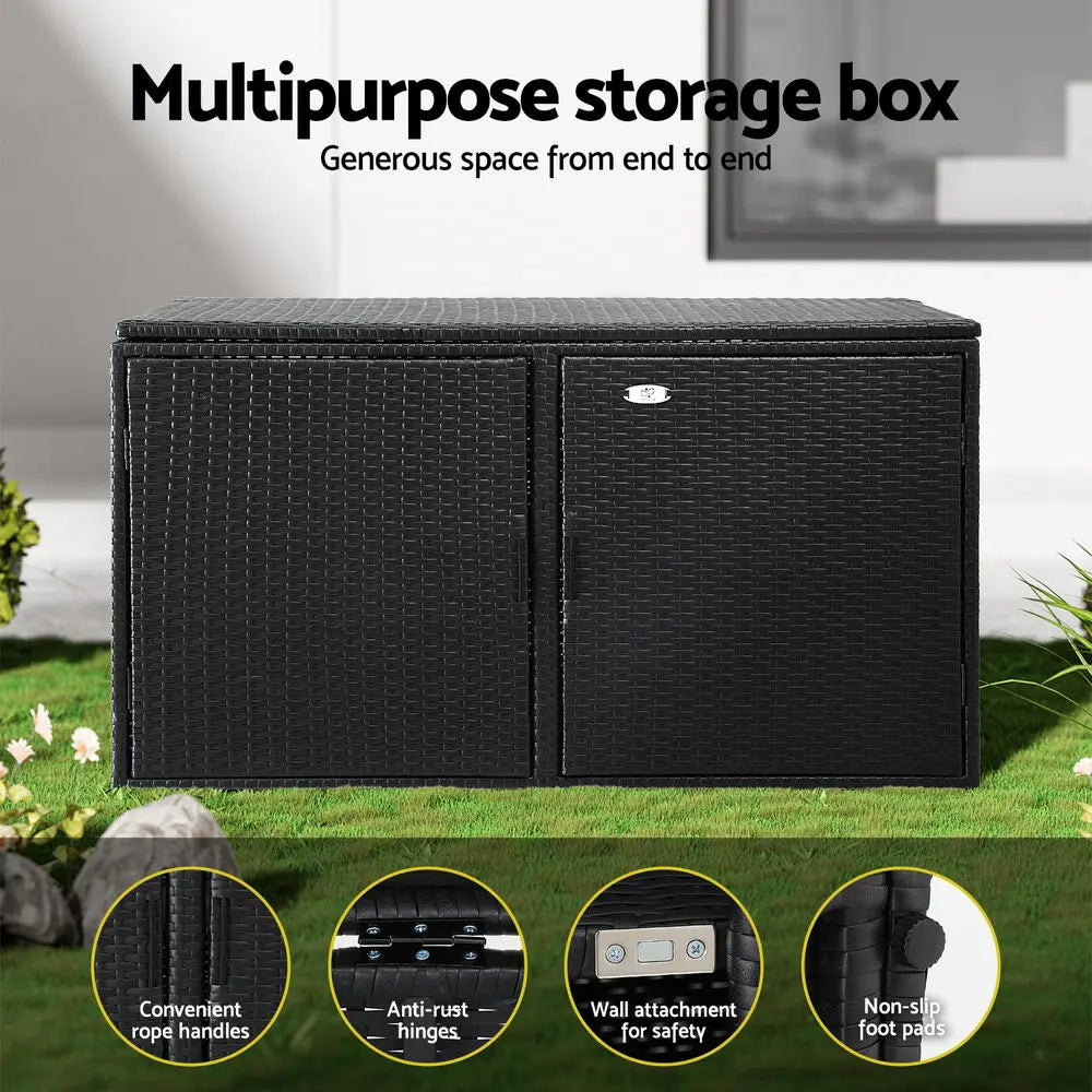 Close-up of UV-resistant wicker weave and steel frame construction on outdoor storage cabinet