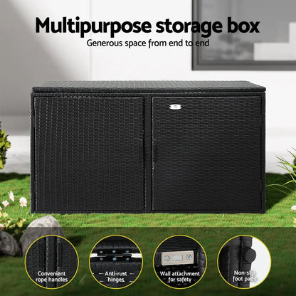 Close-up of UV-resistant wicker weave and steel frame construction on outdoor storage cabinet