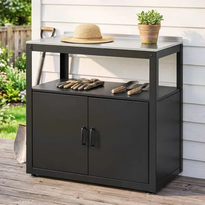 Gardeon Potting Bench with Storage Cabinet - Stainless Steel Top Garden Workbench, Black
