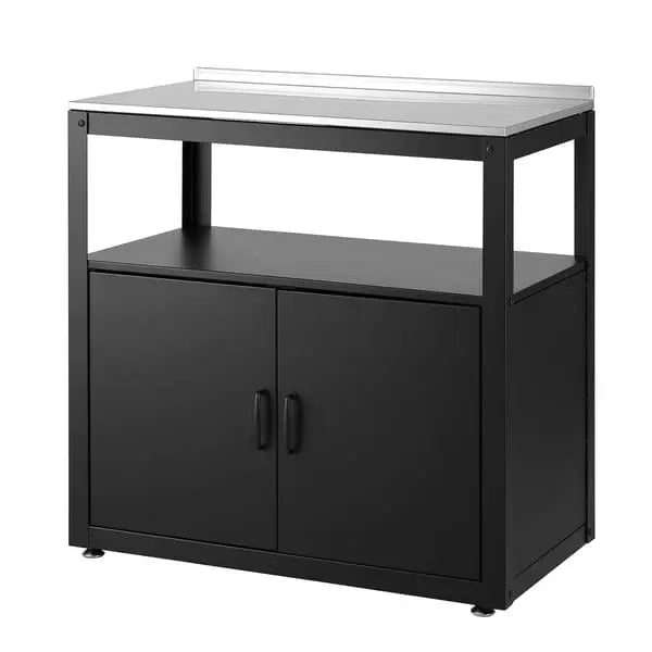 Gardeon black potting bench with stainless steel top, front view