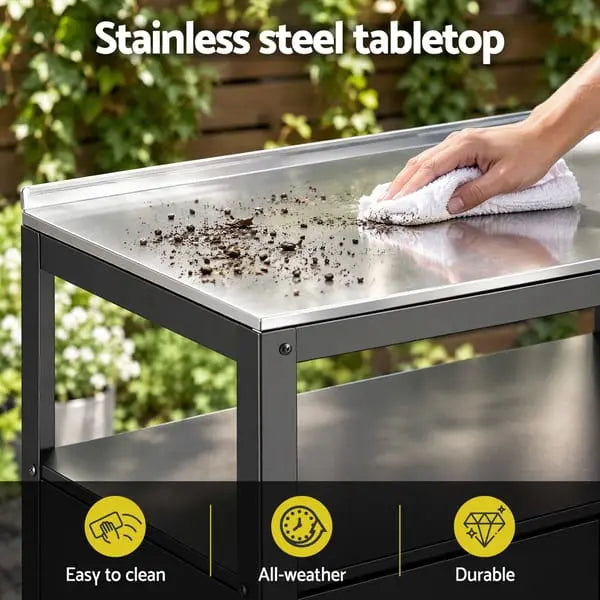 Gardeon potting bench stainless steel top with pots and potting mix