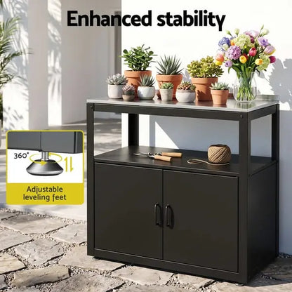 Gardeon Potting Bench with Storage Cabinet - Stainless Steel Top Garden Workbench, Black