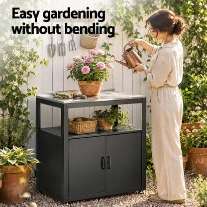 Gardeon potting bench stainless steel top with pots and potting mix