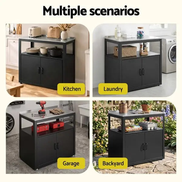 Gardeon Potting Bench with Storage Cabinet - Stainless Steel Top Garden Workbench, Black