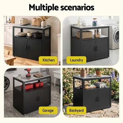 Gardeon Potting Bench with Storage Cabinet - Stainless Steel Top Garden Workbench, Black