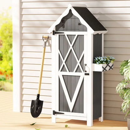Australian family garden showing organized outdoor storage cabinet with tools, pots and gardening supplies neatly arranged