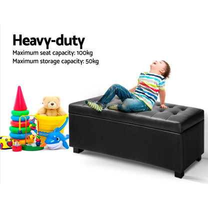 Artiss 97cm Black Storage Ottoman – PU Leather Blanket Box & Bench Seat with Hidden Storage