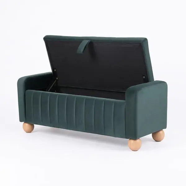 Artiss green velvet ottoman with lid open showing storage space