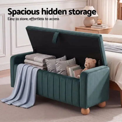 Artiss Velvet Storage Ottoman Bench – Green, Blanket Box with Footrest