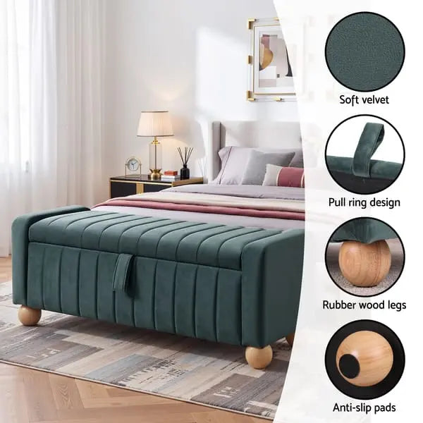 Artiss Velvet Storage Ottoman Bench – Green, Blanket Box with Footrest