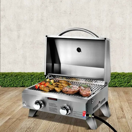 Grillz portable gas BBQ 2 burner, open and ready to cook