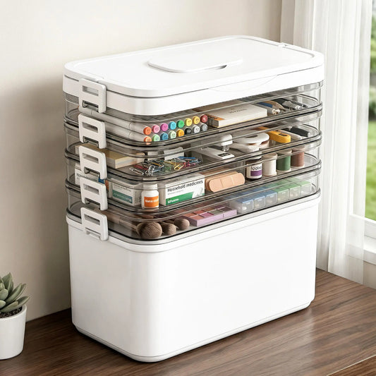 5-tier clear storage organiser holding craft supplies buttons ribbons and thread on desk