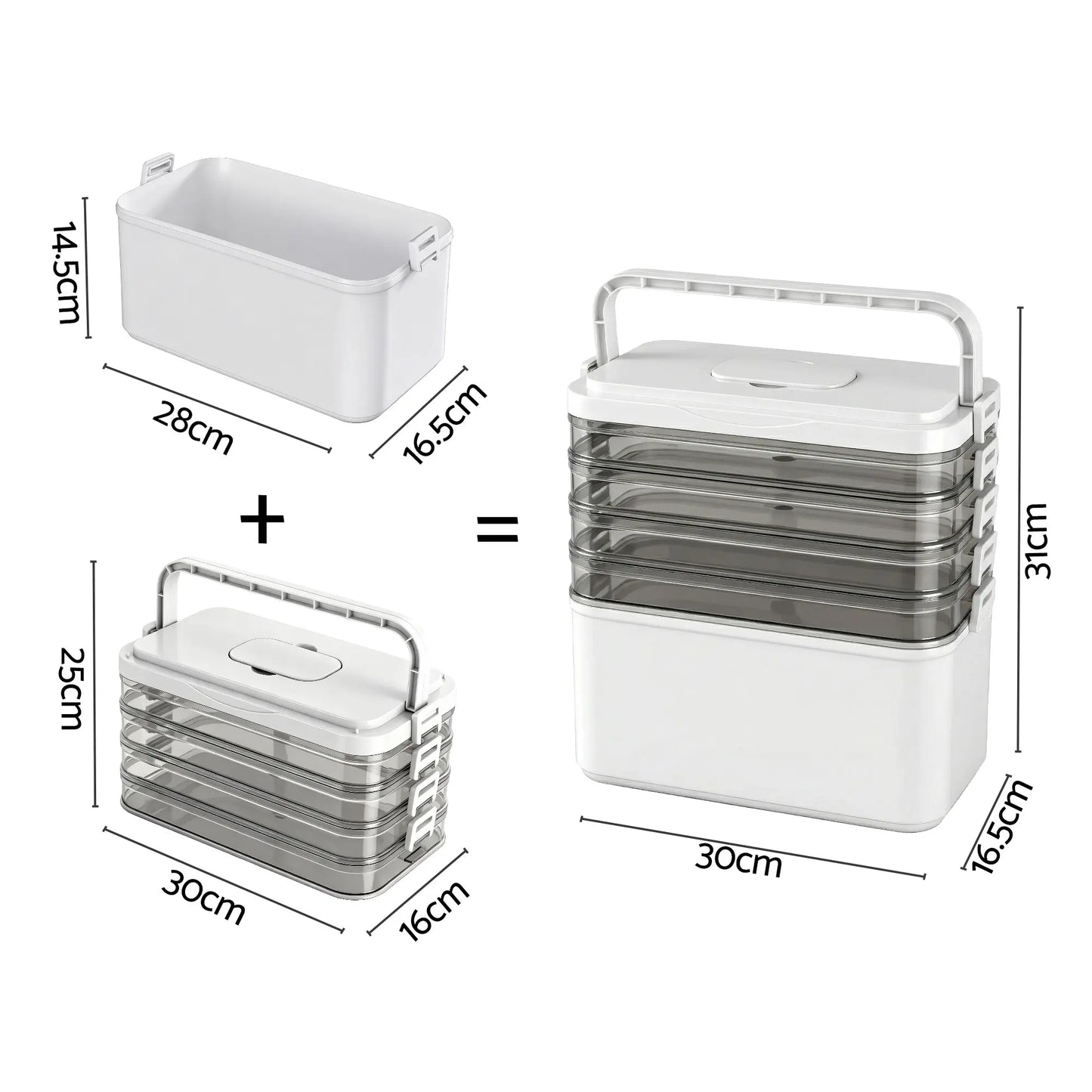 Clear 5-tier modular organiser 30x16.5x31cm compact size shown on desk beside common items for scale