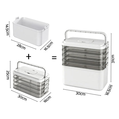 Clear 5-tier modular organiser 30x16.5x31cm compact size shown on desk beside common items for scale