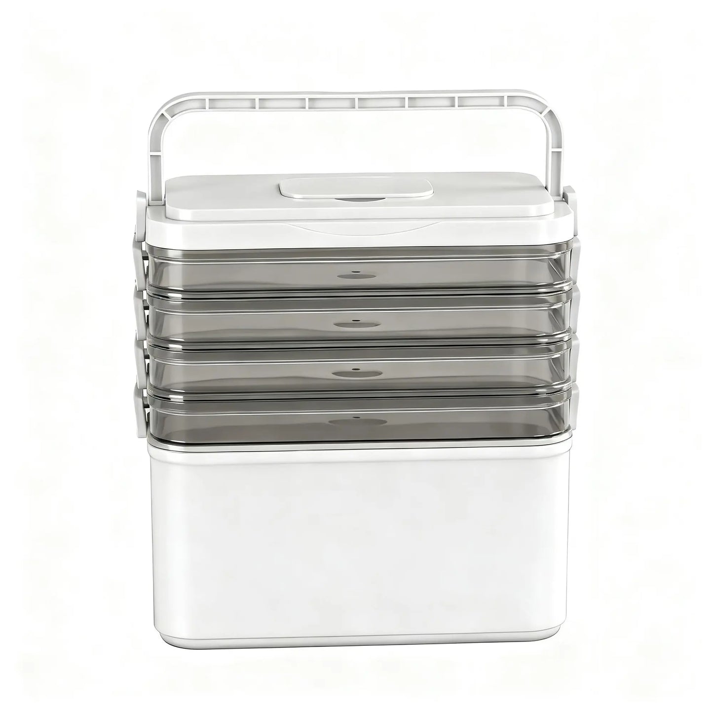 Clear 5-tier modular storage organiser with detachable layers and carry handle on white bench