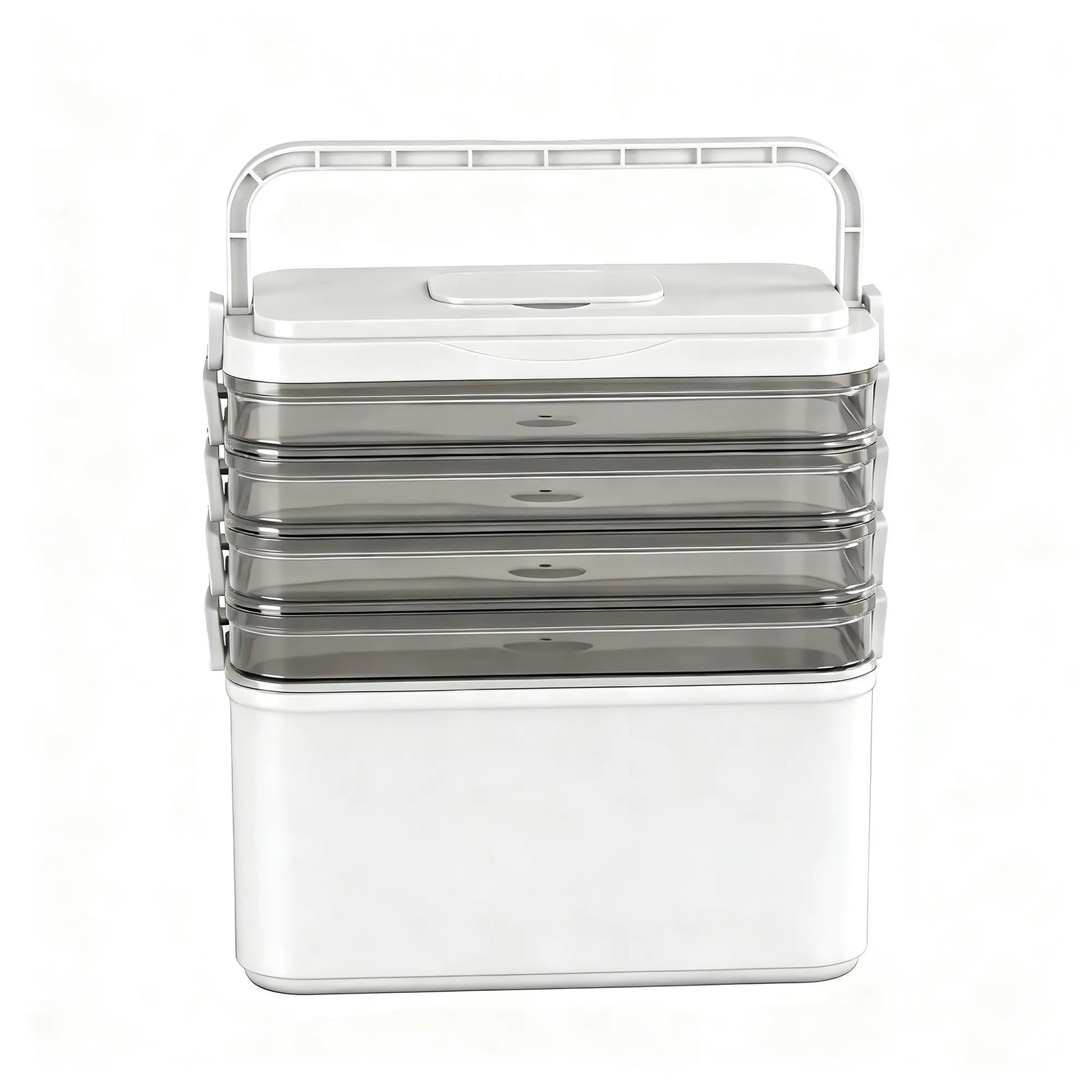 Clear 5-tier modular storage organiser with detachable layers and carry handle on white bench
