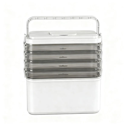 Clear 5-tier modular storage organiser with detachable layers and carry handle on white bench