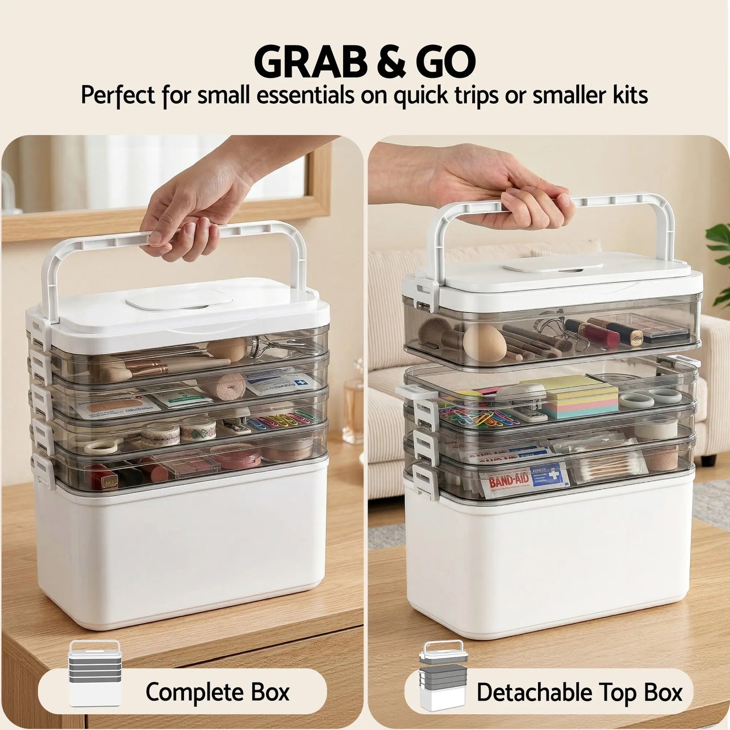 5-Tier Clear Modular Storage Organiser - Detachable Layers with Handle for Home, Desk & Travel