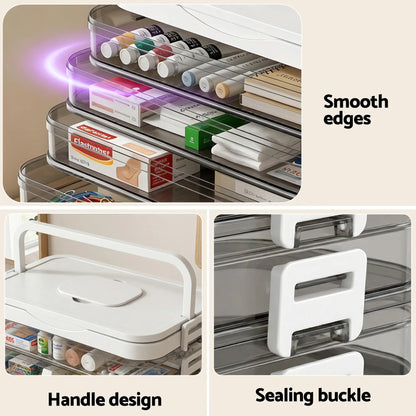 Close-up of sealing buckle closure on clear plastic storage organiser tier locking securely