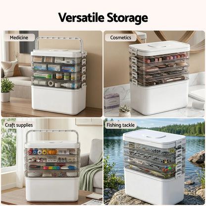Clear plastic modular organiser filled with skincare products serums and cosmetics on vanity