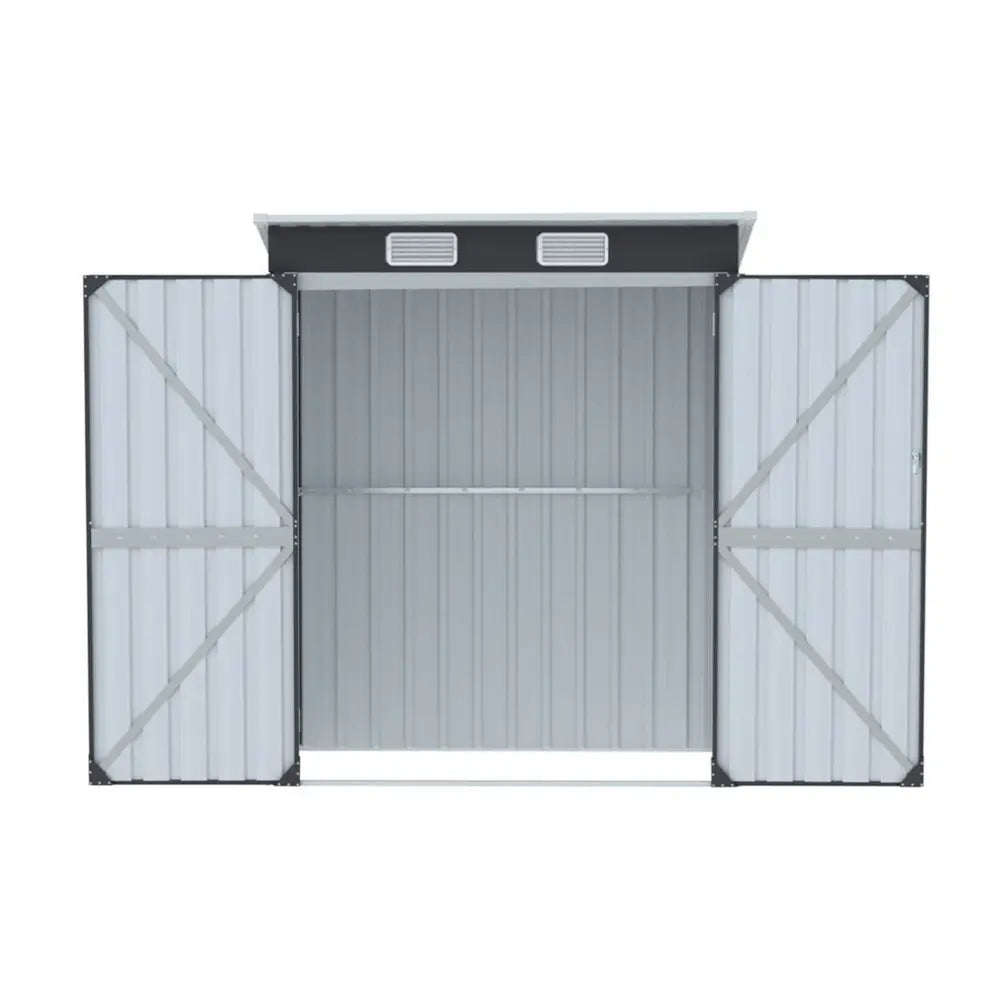 Wide double hinge doors open showing 130cm access width for easy storage and retrieval of large garden equipment