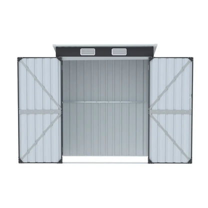 Wide double hinge doors open showing 130cm access width for easy storage and retrieval of large garden equipment