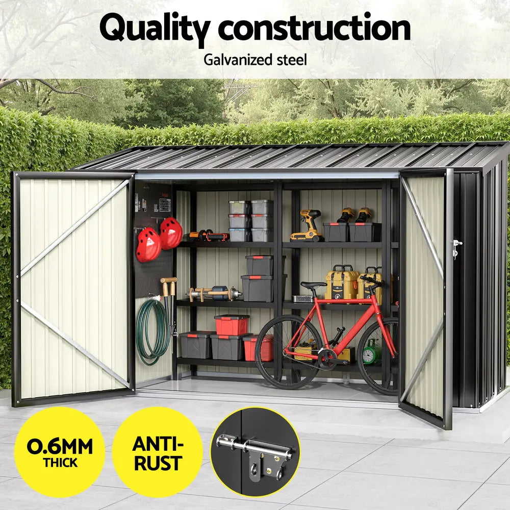 Three adult bicycles stored inside Giantz garden shed with double doors open