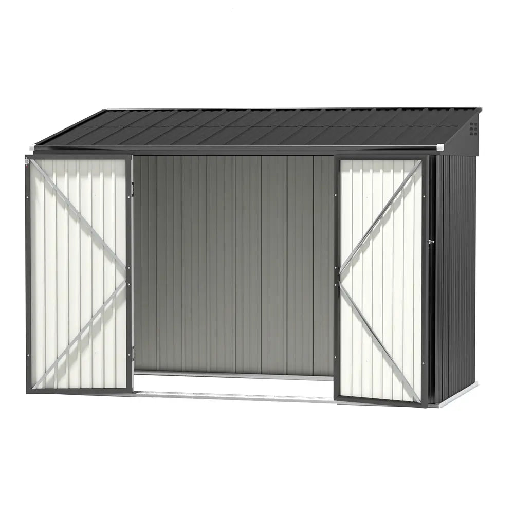 Wide lockable double doors on outdoor storage shed for mower and bike access
