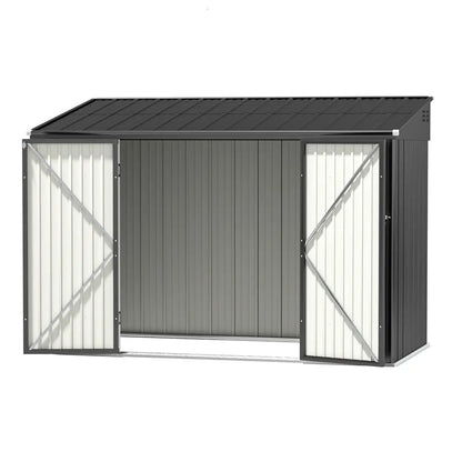 Wide lockable double doors on outdoor storage shed for mower and bike access
