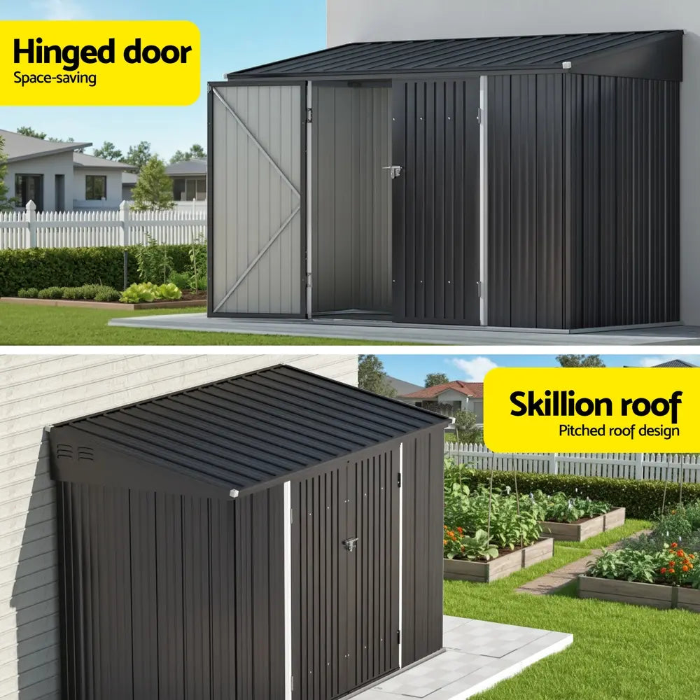 Sloped roof design on weatherproof metal shed for rainwater drainage