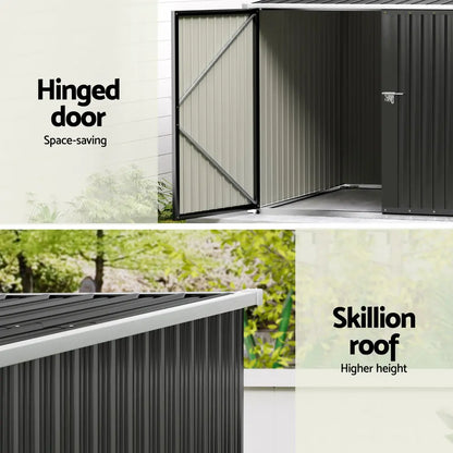 Sloped roof design on metal garden shed preventing water pooling