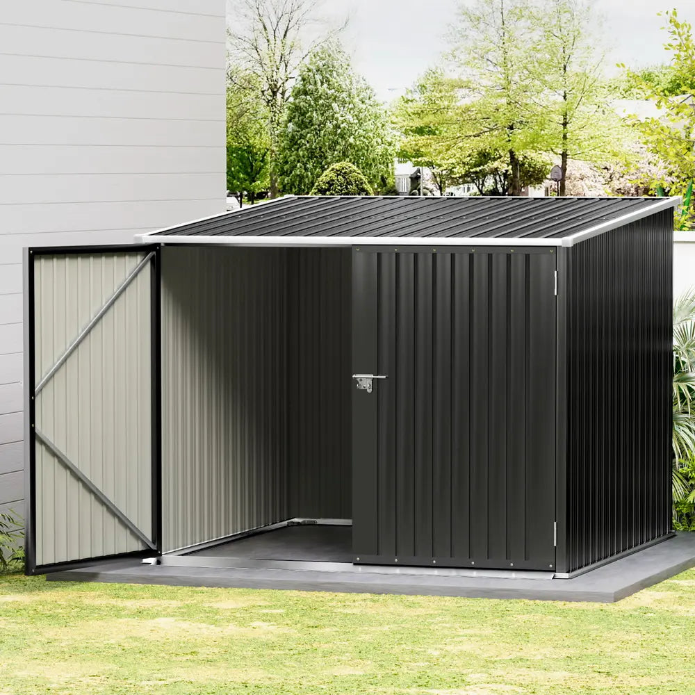 Complete metal storage shed in Australian backyard garden setting