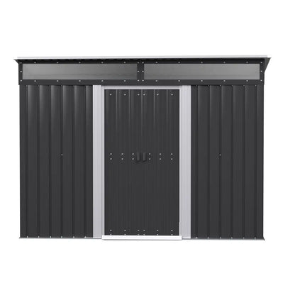 Double sliding doors on space-saving Giantz storage shed with lockable mechanism