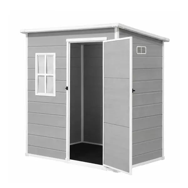 Giantz resin garden shed with hinged door open showing internal storage space