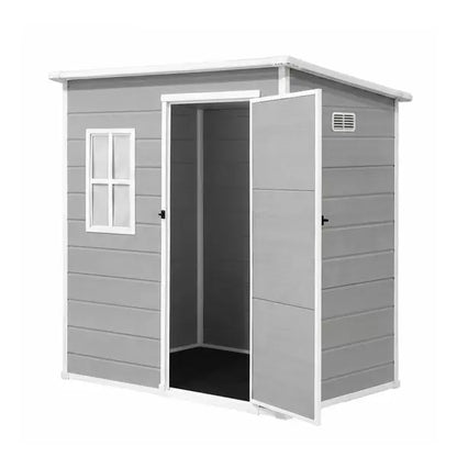 Giantz resin garden shed with hinged door open showing internal storage space