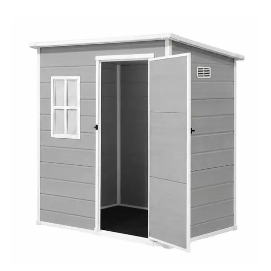 Giantz resin garden shed with hinged door open showing internal storage space