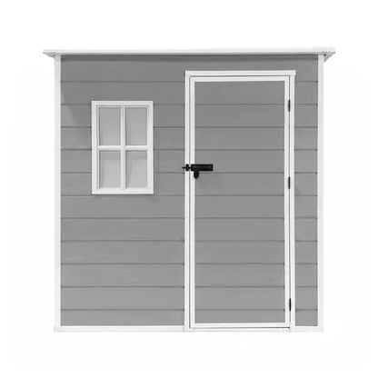 Giantz resin garden shed 1.87 x 1.28m in grey, front view with door closed