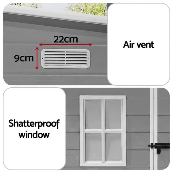 Giantz resin garden shed window and air vent panel close-up, grey finish