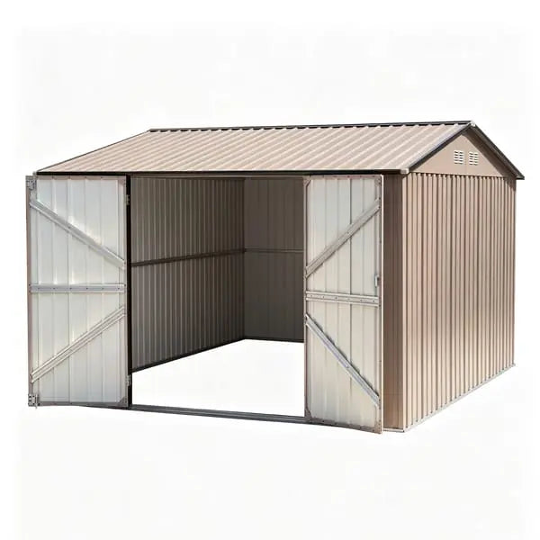 Giantz brown garden shed hinged doors fully open showing full 131cm wide access for mower and bikes